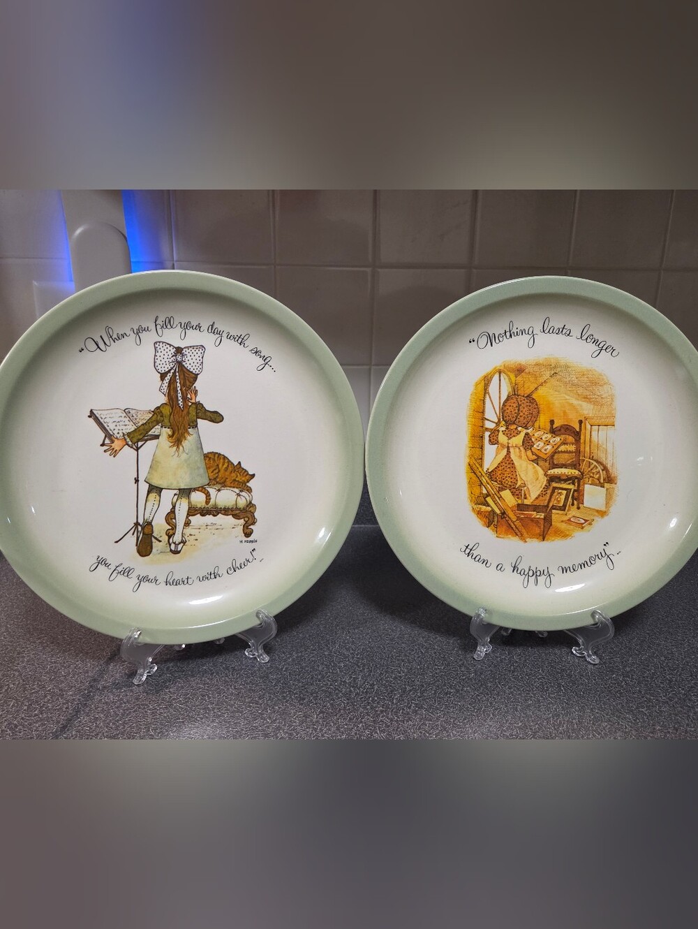 Vintage-Style Decorative Dinner Plates with Soft Green Rim, Pair